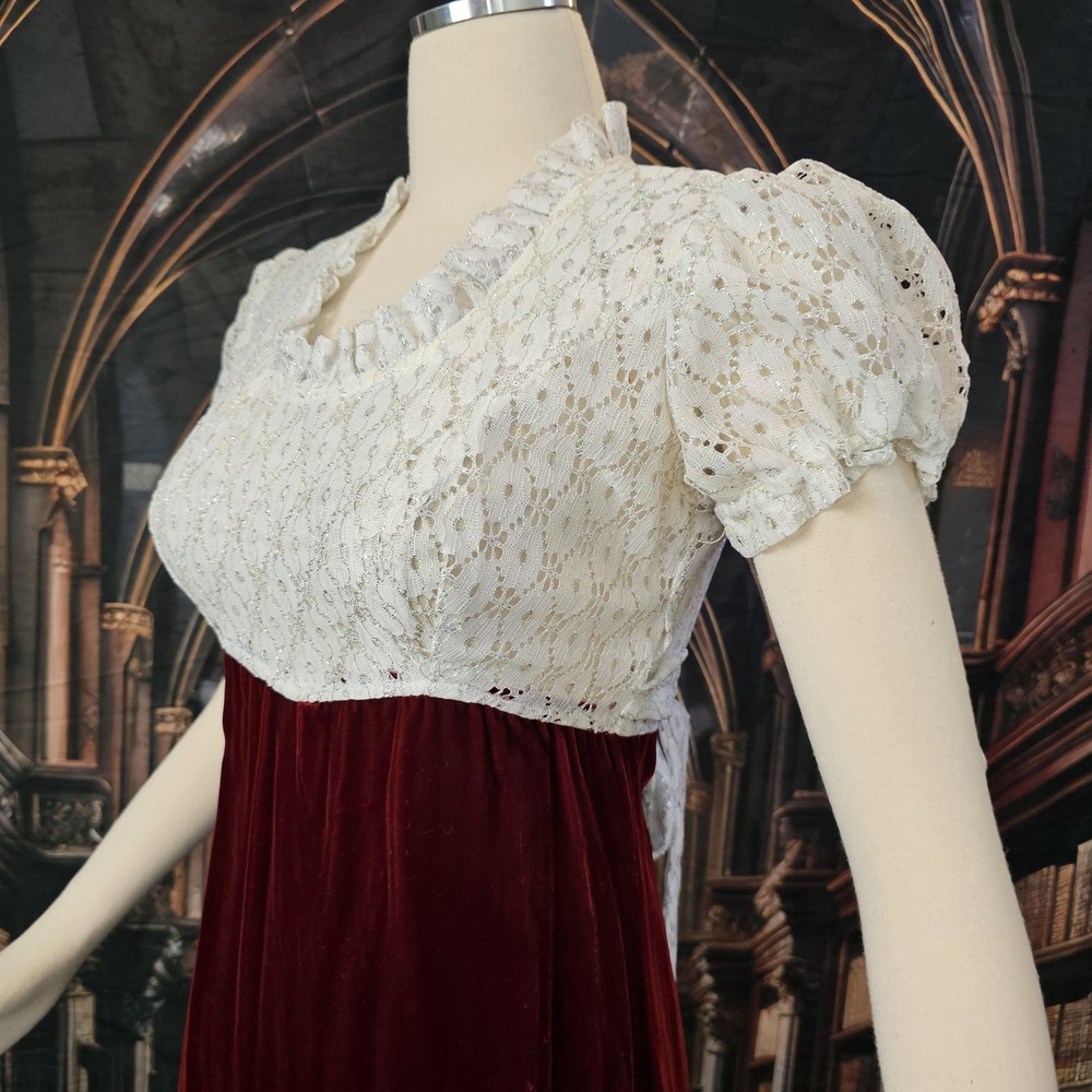 Vintage 70s Empire Waist Maxi Dress Red Velvet White Lace Regency Core Gown - Picture 3 of 10